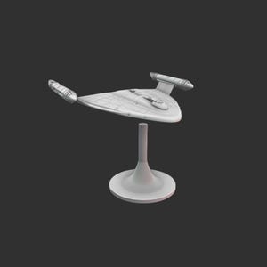 May include: A light grey model spaceship, mounted on a stand. The spaceship has a triangular body with two cylindrical engines and a rear fin. The stand has a circular base and a cylindrical support.