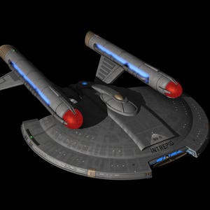 May include: A grey and silver spaceship with red and blue accents. The ship has a large, round saucer section and two long, thin nacelles. The ship is labelled "INTREPID" and "NX-74206".