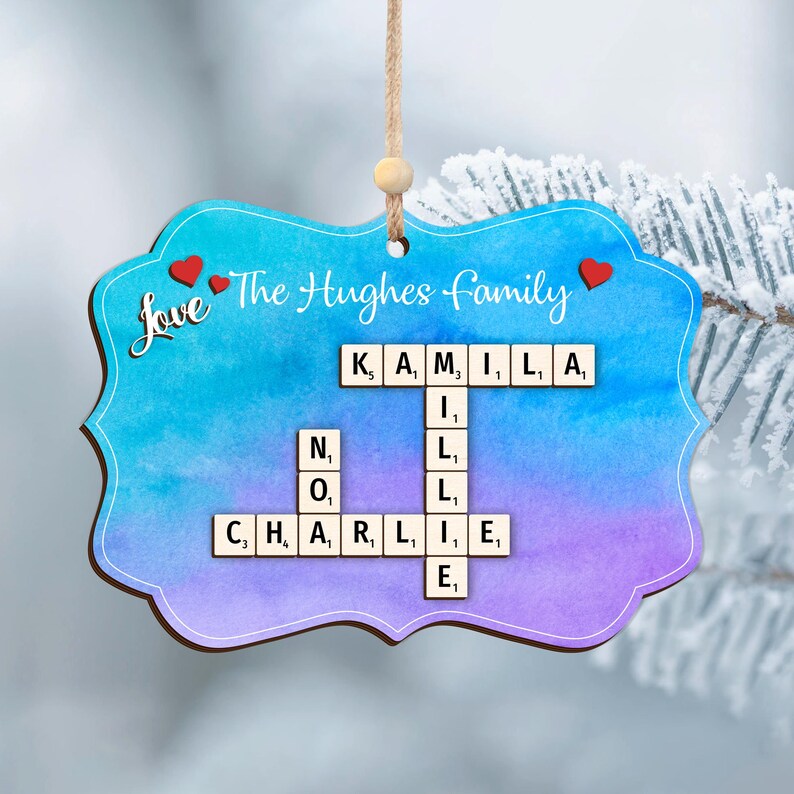 Family Gift Christmas Tree Decor, Personalized Family Crossword Wooden