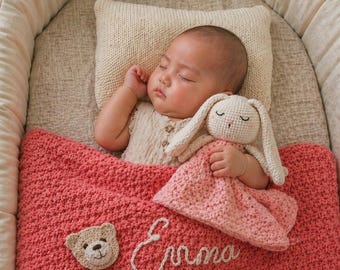 Patrón de ganchillo en PDF para manta de bebé personalizada y conejito de peluche / Kniri crochet