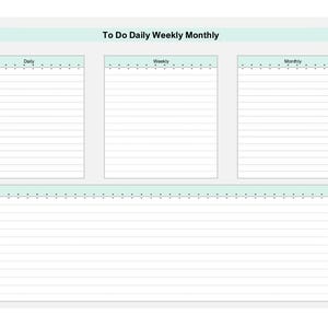 May include: A white planner page featuring the header To Do Daily Weekly Monthly on a light green banner. It includes three vertical sections labeled Daily, Weekly, and Monthly, each with horizontal lines, and a large bottom section labeled Notes.