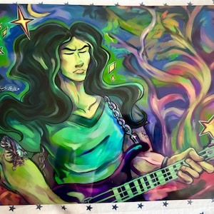 May include: A colorful illustration of a person with long dark hair playing a bass guitar. The background is a swirling mix of green, purple, and blue with yellow stars.
