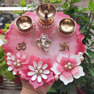 Resin Pooja thali/8 inches/Desi wedding thali/Puja thali/Aarti thali/Diwali thali/Karwa chauth thali/Raksha bandhan thali/Housewarming gifts