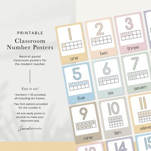 Boho Number Posters 1–30 | Neutral Classroom Decor | Ten Frame Count | Printable PDF