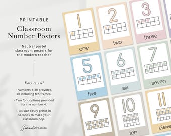 Boho Number Posters 1–30 | Neutral Classroom Decor | Ten Frame Count | Printable PDF