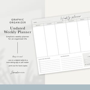 Undated Weekly Planner | Digital or Printable PDF | iPad Planner Landscape | Minimalist Weekly Layout | Reusable Agenda Template