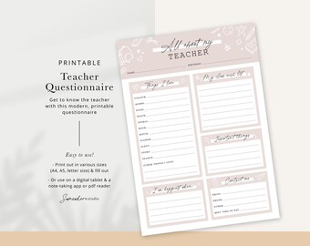 Lehrer Fragebogen Printable | Alles über meine Lehrer Favoriten | Lehrer Geschenkidee | Klassenzimmer Info Blatt | Bearbeitbare Vorlage