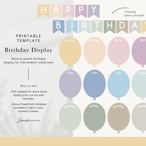 Neutral Pastel Birthday Display | Printable Classroom Birthday Wall Display | Editable Balloons & Bunting | Modern Teacher Decor