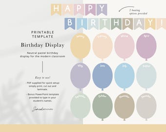 Neutral Pastell Geburtstag Display | Geburtstags-Wanddisplay für das Klassenzimmer | Bearbeitbare Ballons und Wimpelkette | Modernes Lehrer-Dekor