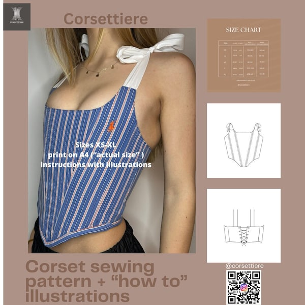 Patron de corsetterie haut de corset avec bretelles en ruban, instructions illustrées incluses