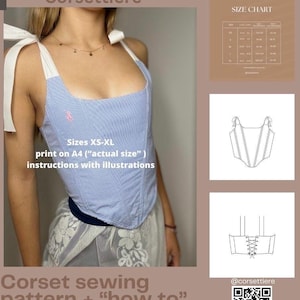 May include: A blue and white striped corset pattern with instructions for sewing. The pattern is available in sizes XS-XL and can be printed on A4 paper. The image also includes a size chart and a QR code for additional information.