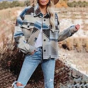 Chaqueta estilo chaqueta con bolsillo con solapa azteca occidental azul gris