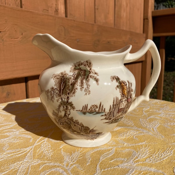 Vintage Johnson Brothers "The Old Mill" Large Pitcher Jug Brown Multi-colour Transferware
