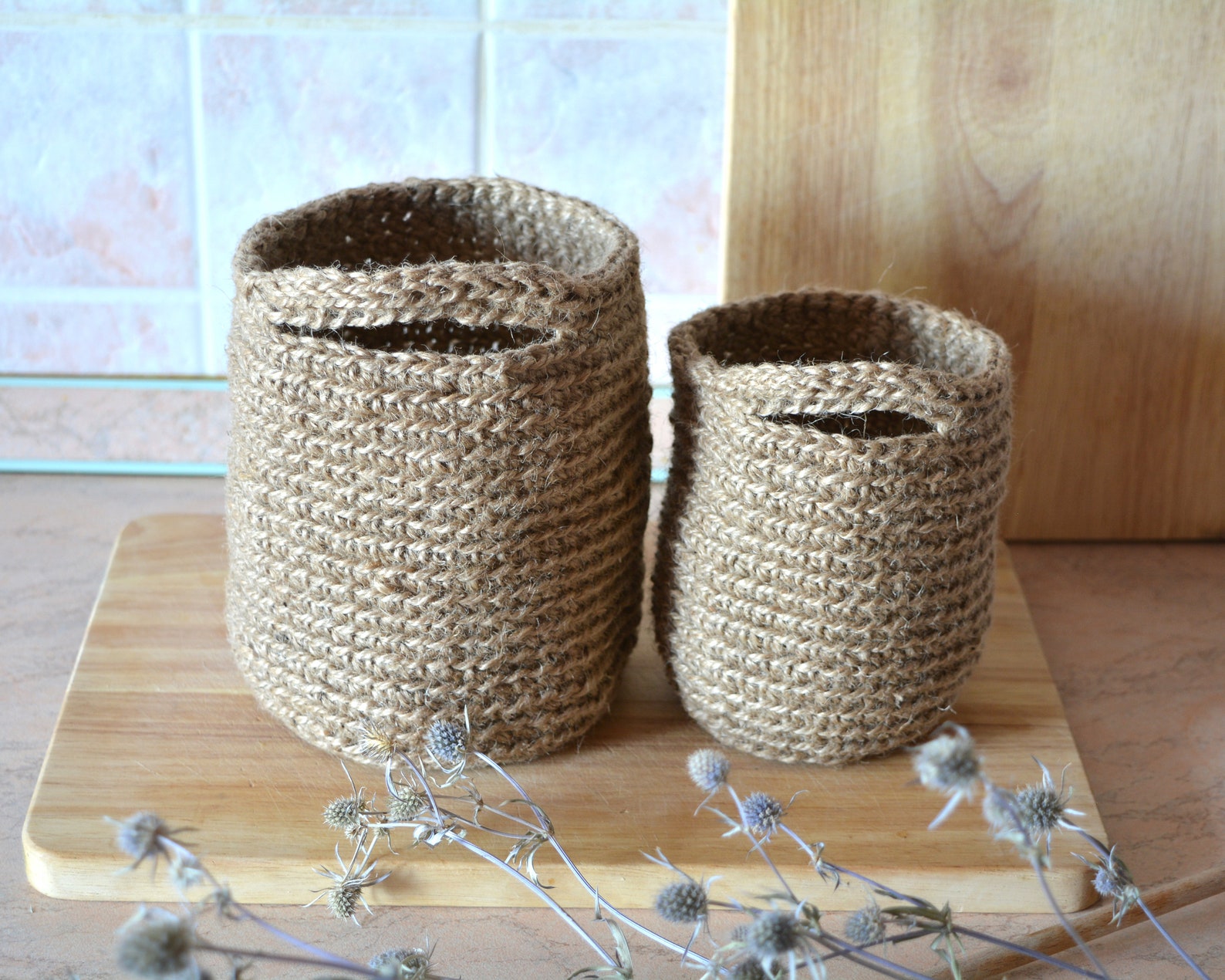 Crochet jute basket Rustic baskets set Hanging wall baskets Etsy