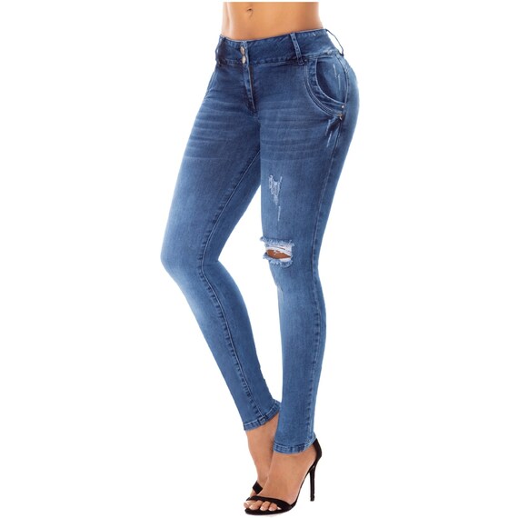 Pockets Levanta Cola Pants Colombian Butt Lift Pants Women Blue Push Up  Slimming
