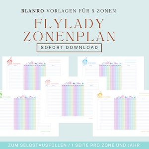 Könnte beinhalten: Fünf druckbare Flylady-Zonenreinigungsplanvorlagen. Jede Vorlage ist eine einzelne Seite mit einem farbenfrohen Pastelldesign und einem Haussymbol. Der Text auf der Seite lautet "BLANKO VORLAGEN FÜR 5 ZONEN FLYLADY ZONENPLAN SOFORT DOWNLOAD ZUM SELBSTAUSFÜLLEN / 1 SEITE PRO ZONE UND JAHR"