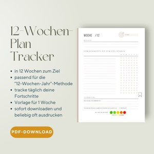 May include: A printable 12-week plan tracker with a gray and white color scheme. The tracker is designed to help you achieve your goals by tracking your progress over 12 weeks. The text on the tracker says "12-Week Plan Tracker" and "in 12 weeks to your goal".