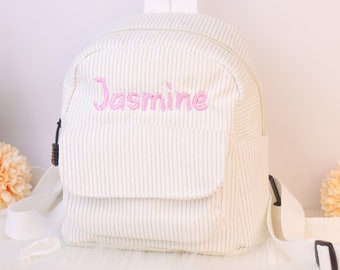 Personalized corduroy backpack with custom embroidered name - fashionable and minimalist small bag