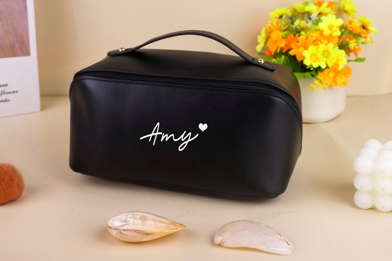 Personalised cosmetic bag with small monogram custom makeup bag personalized gift for her personalised gift for bridesmaid organizer Black