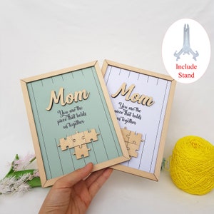 Cutom Wood Sign Gift Mothers Day Gift Personalized Name Engraved Puzzle Piece Quote Hold Us Together Mom Grandma Wooden Frame Unique