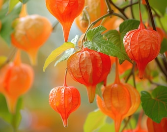 Puede incluir: Un racimo de plantas de farolillo chino de color naranja vibrante que cuelgan de tallos finos. Los cálices en forma de lágrima tienen una textura papirácea y veteada, intercalados con hojas verde brillante sobre un fondo suave.