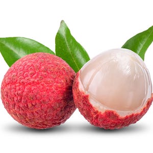 May include: Two lychee fruits, one whole and one partially peeled, revealing the white flesh. The whole fruit has a textured, red outer skin. Green leaves are visible, set against a white background.