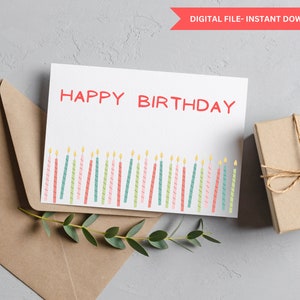 Happy Birthday Card, Instant Download, Digital Greeting Card, Printable Birthday Card, Print at Home Card, Birthday Candle Card