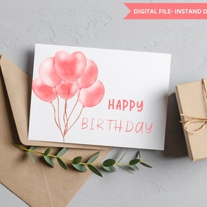 Happy Birthday Card, Instant Download, Digital Greeting Card, Printable Birthday Card, Print at Home Card, Pink Balloon Birthday Card