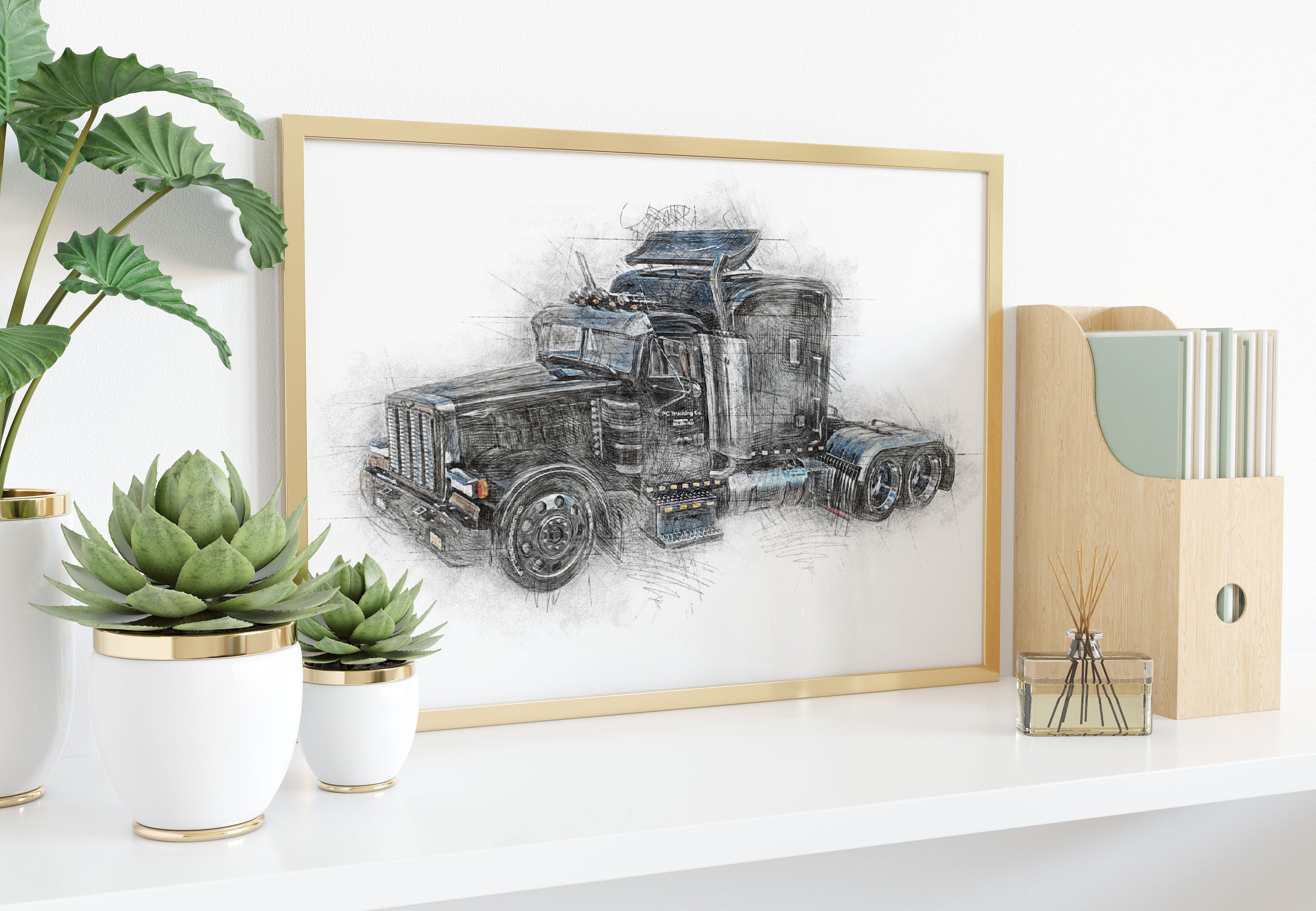 Superbe Esquisse Camion Américain Usa - Impression Numérique Originale