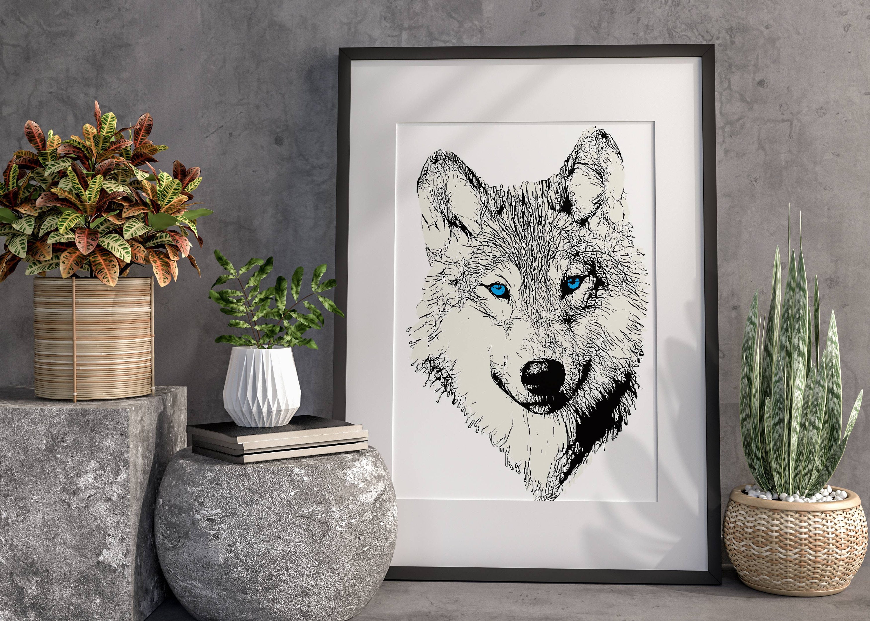Superbe Loup Aux Yeux Bleus - Impression Numérique Originale