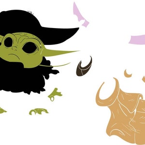 Pu&ograve; includere: Un personaggio dei cartoni animati verde e nero con grandi orecchie e una grande testa. Il personaggio indossa una tunica nera e ha una grande testa verde con grandi occhi. Il personaggio sta salutando con la mano destra.