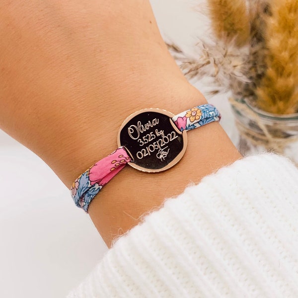 Bracelet personnalisé en cordon liberty avec médaillon en acier inoxydable or rose