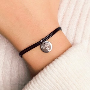 Personalized waxed cotton bracelet with silver stainless steel medallion