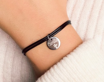 Bracelet personnalisé en coton cirée avec médaillon en acier inoxydable argent