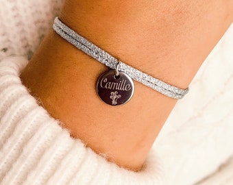 Personalized mokuba cord bracelet with silver stainless steel medallion