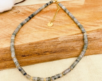 collier perles heishi en labradorite et or