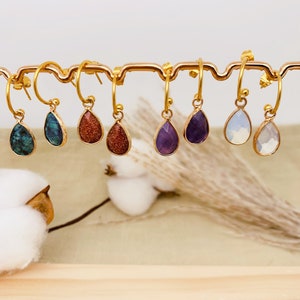 Small natural stone teardrop and stainless steel hoop earrings