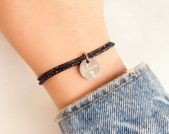 Bracelet personnalisé en cordon mokuba avec médaillon en acier inoxydable argent