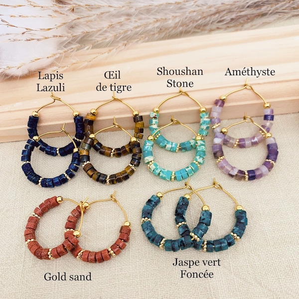 18k gold-plated hoop earrings in natural heishi stones, small model