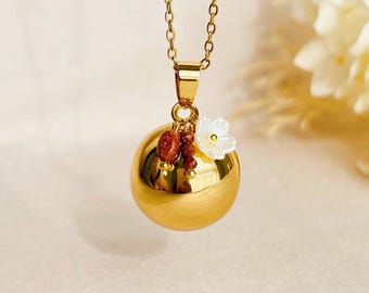 18K Gold Pregnancy Bola "Flower of Life" - Natural Stones of your choice and Acrylic Flower - Maternity Necklace