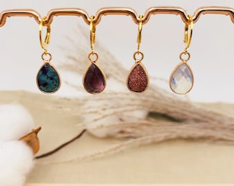 18k gold plated mono hoop earrings and natural stones in the shape of a drop of water