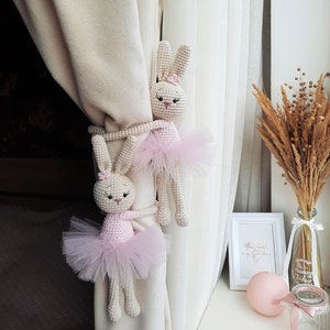 Pink ballerina bunny curtain tieback Bunny nursery decor Bunny tie back Animal curtain tie back Knit rabbits curtain holders Nursery tieback