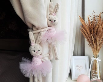 Pink bunny curtain tieback Bunny nursery decor Bunny tie back Animal curtain tie back Knit rabbits curtain holders Nursery tieback