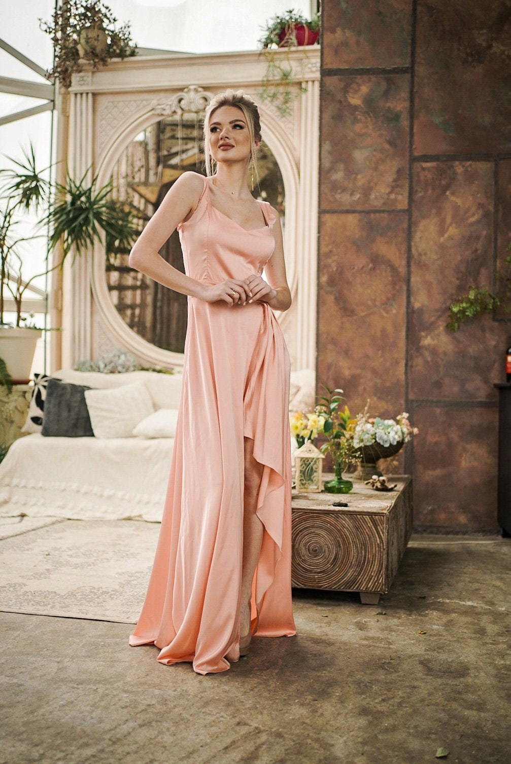 Bridesmaid Long Dress Maid of Honor Dress Peach Colored Etsy