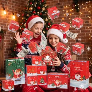 May include: A collection of red Christmas gift boxes and bags featuring Santa Claus illustrations, with some boxes floating in the air alongside US dollar bills. The boxes display festive designs including trees and snow, with one box clearly labeled Whisper Pixie.