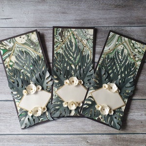 Biglietto fatto a mano con motivo foglie tropicali per compleanno e festa della mamma, monstera, carta marmorata