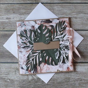 Tarjeta de felicitación hecha a mano para la boda / aniversario / cumpleaños / Día de la Madre tema tropical monstera