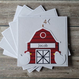 Handmade card with hens and a red barn for toddler birthday or baby shower
