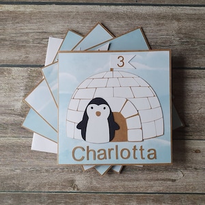 Handmade card with baby penguin for toddler birthday or baby shower
