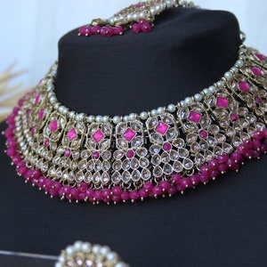 Manvi Mendhi Plated Reverse AD Necklace Set in Rani Pink